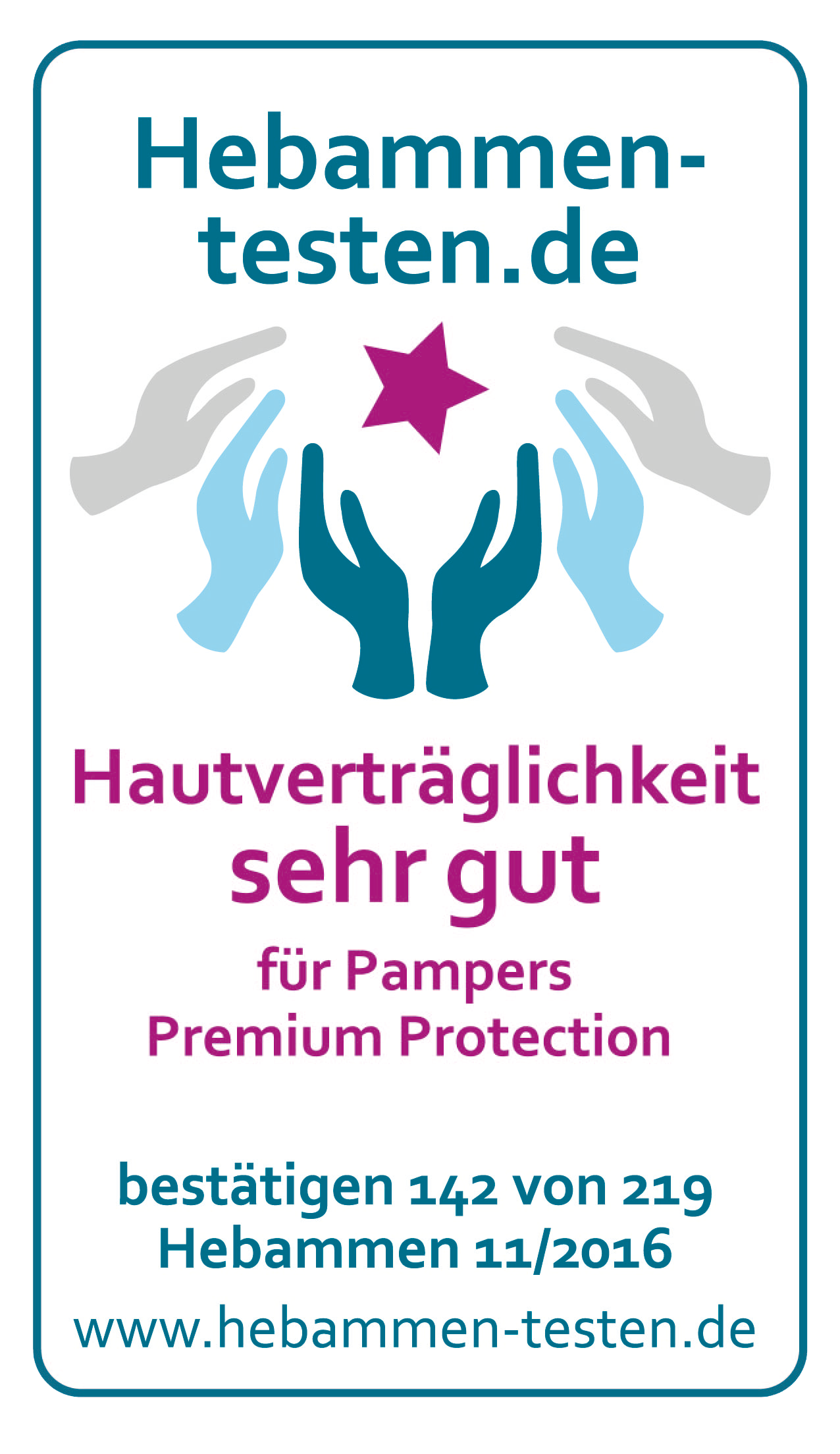 Hebamment-testen.de Siegel für Pampers Premium Protection Hautverträglichkeit sehr gut bestätigen 142 von 219 Hebammen in einem Test vom November 2016.