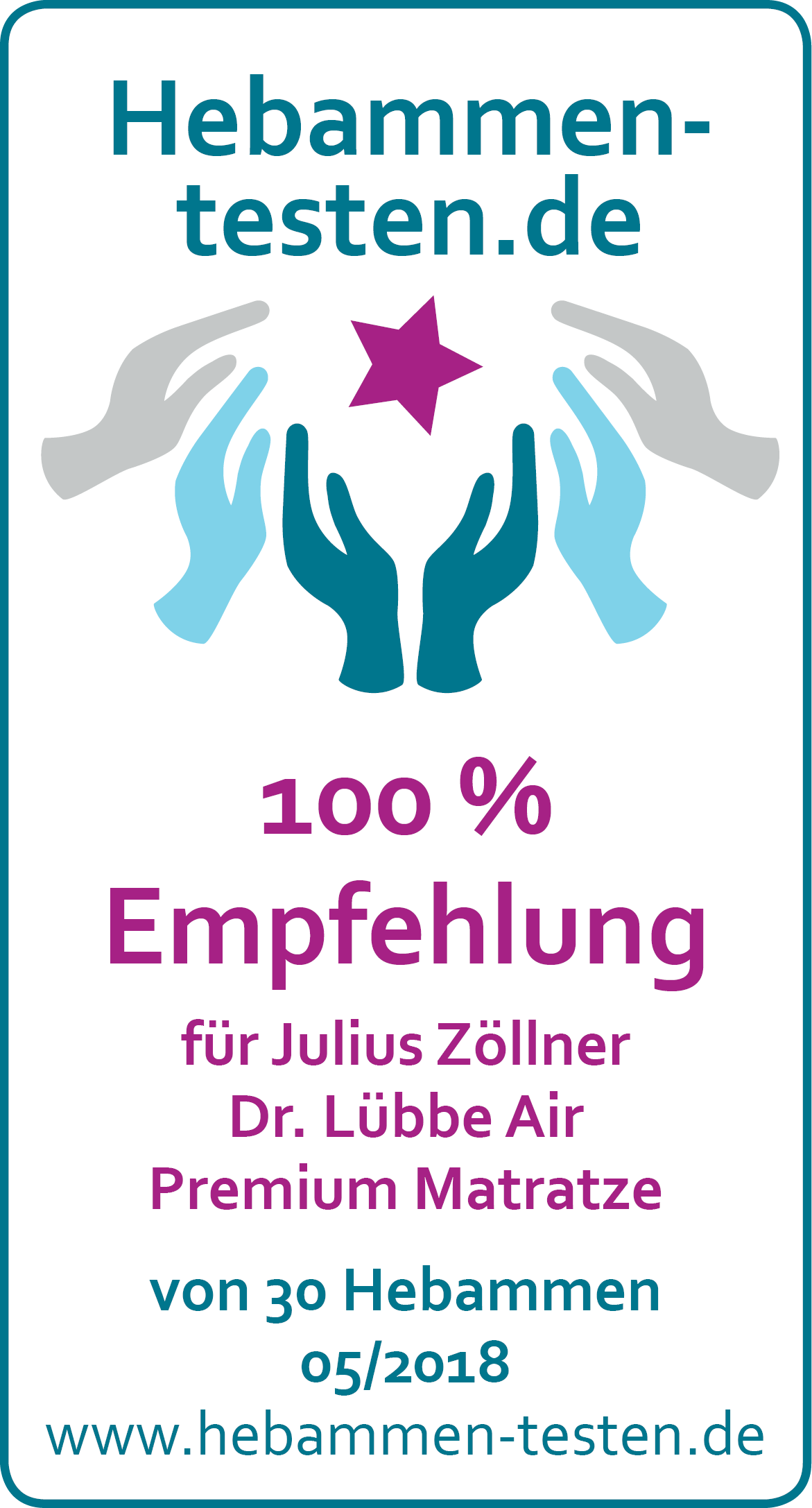 Hebammen-testen.de Siegel für Julius Zöllner Dr. Lübbe Air Premium Matratze 100 % Empfehlung von 30 Hebammen im Mai 2018 getestet.