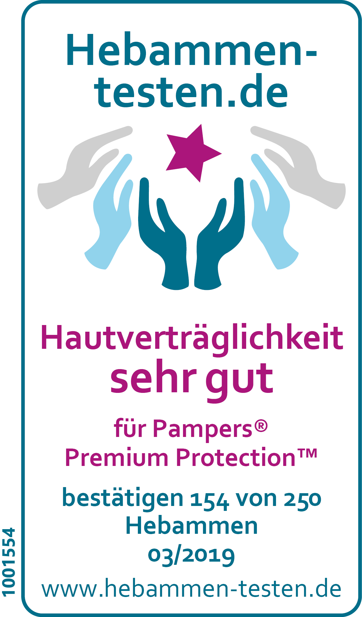 Hebammen-testen.de Siegel für Pampers Premium Protection Hautverträglichkeit sehr gut bestätigen 154 von 250 Hebammen in einem Test vom März 2019.