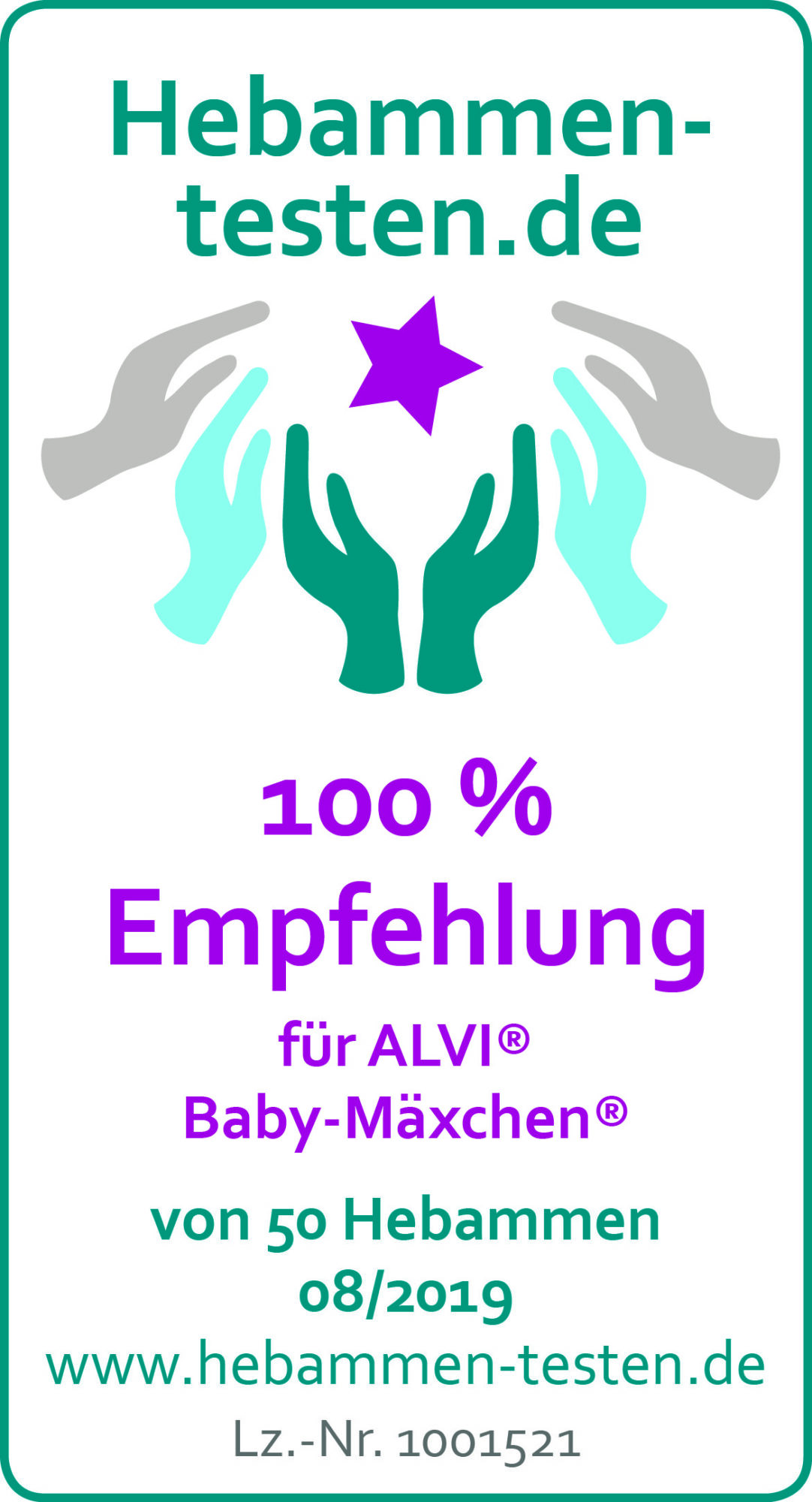 Hebammen-testen.de Siegel für ALVI Baby-Mäxchen 100 % Empfehlung von 50 Hebammen im August 2018 getestet.