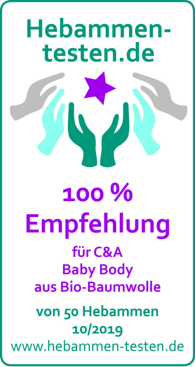 Hebammen-testen.de Siegel für C&A Baby Body aus Bio-Baumwolle 100 % Empfehlung von 50 Hebammen im Oktober 2019 getestet.