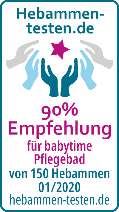 Hebammen-testen.de Siegel für babytime Pflegebad 90 % Empfehlung von 150 Hebammen im Januar 2020 getestet.
