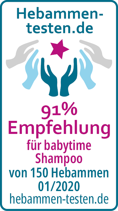 Hebammen-testen.de Siegel für babytime Shampoo 91 % Empfehlung von 150 Hebammen im Januar 2020 getestet.