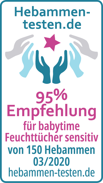 Hebammen-testen.de Siegel für babytime Feuchttücher sensitiv 95 % Empfehlung von 150 Hebammen im März 2020 getestet.