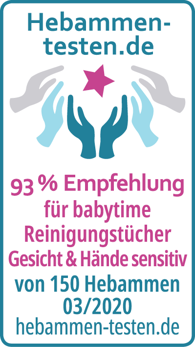 Hebammen-testen.de Siegel für babytime Reinigungstücher Gesicht & Hände sensitiv 93 % Empfehlung von 150 Hebammen im März 2020 getestet.