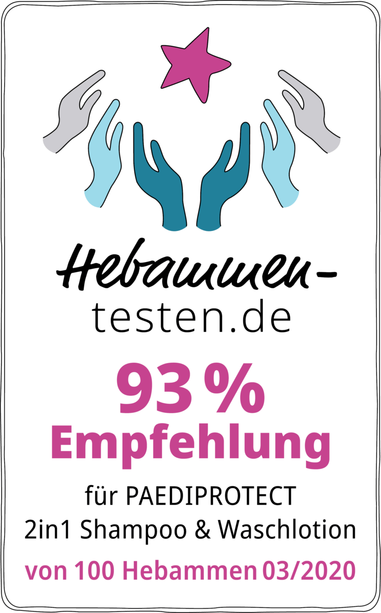 Hebammen-testen.de Siegel für Paediprotect 2in1 Shampoo & Waschlotion 93 % Empfehlung von 100 Hebammen im März 2020 getestet.