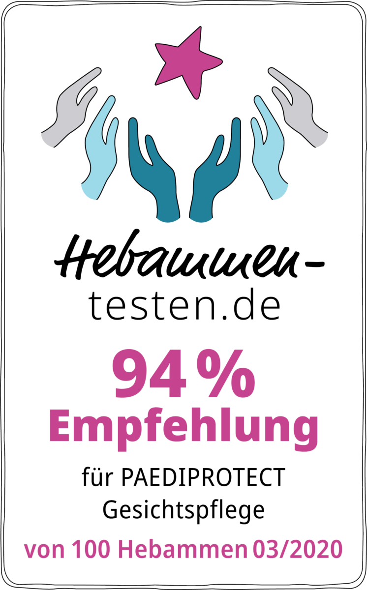 Hebammen-testen.de Siegel für Paediprotect Gesichtspflege 94 % Empfehlung von 100 Hebammen im März 2020 getestet.
