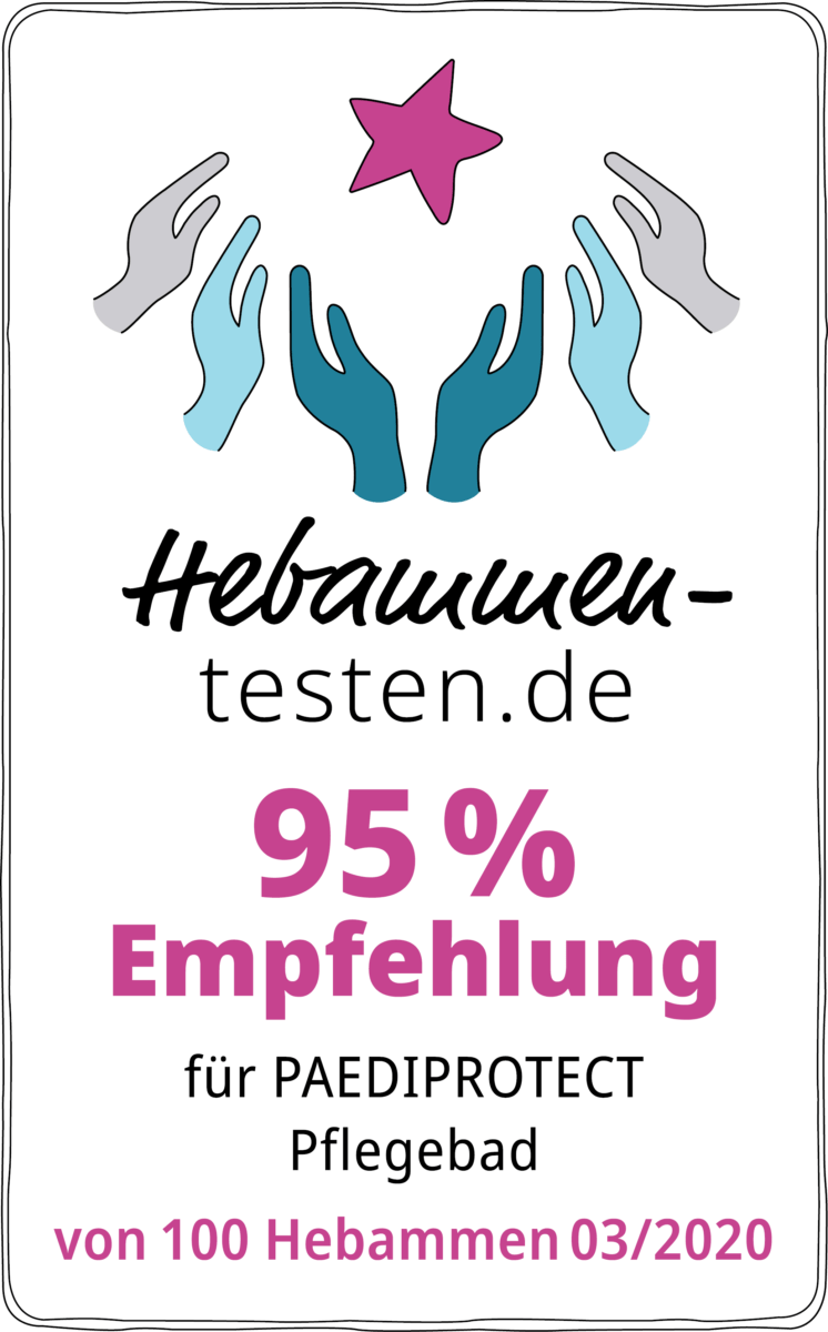 Hebammen-testen.de Siegel für PAEDIPROTECT Pflegebad 95 % Empfehlung von 100 Hebammen im März 2020 getestet.