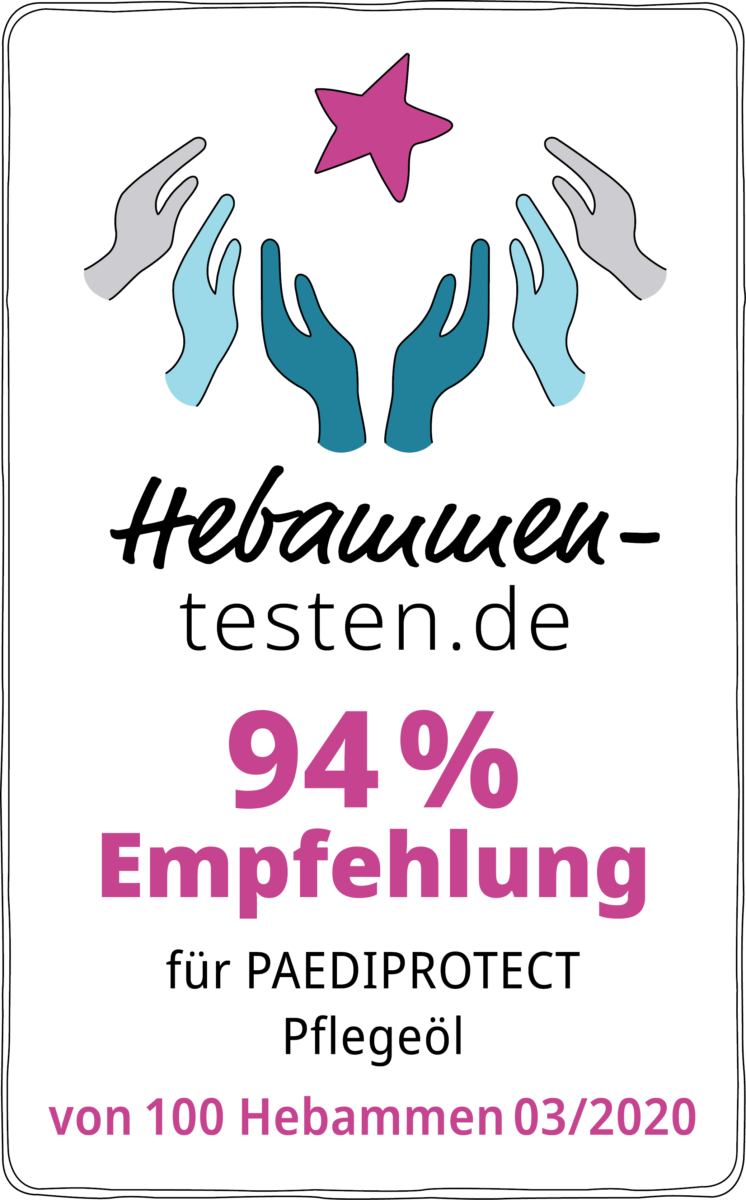 Hebammen-testen.de Siegel für PAEDIPROTECT Pflegeöl 94 % Empfehlung von 100 Hebammen im März 2020 getestet.