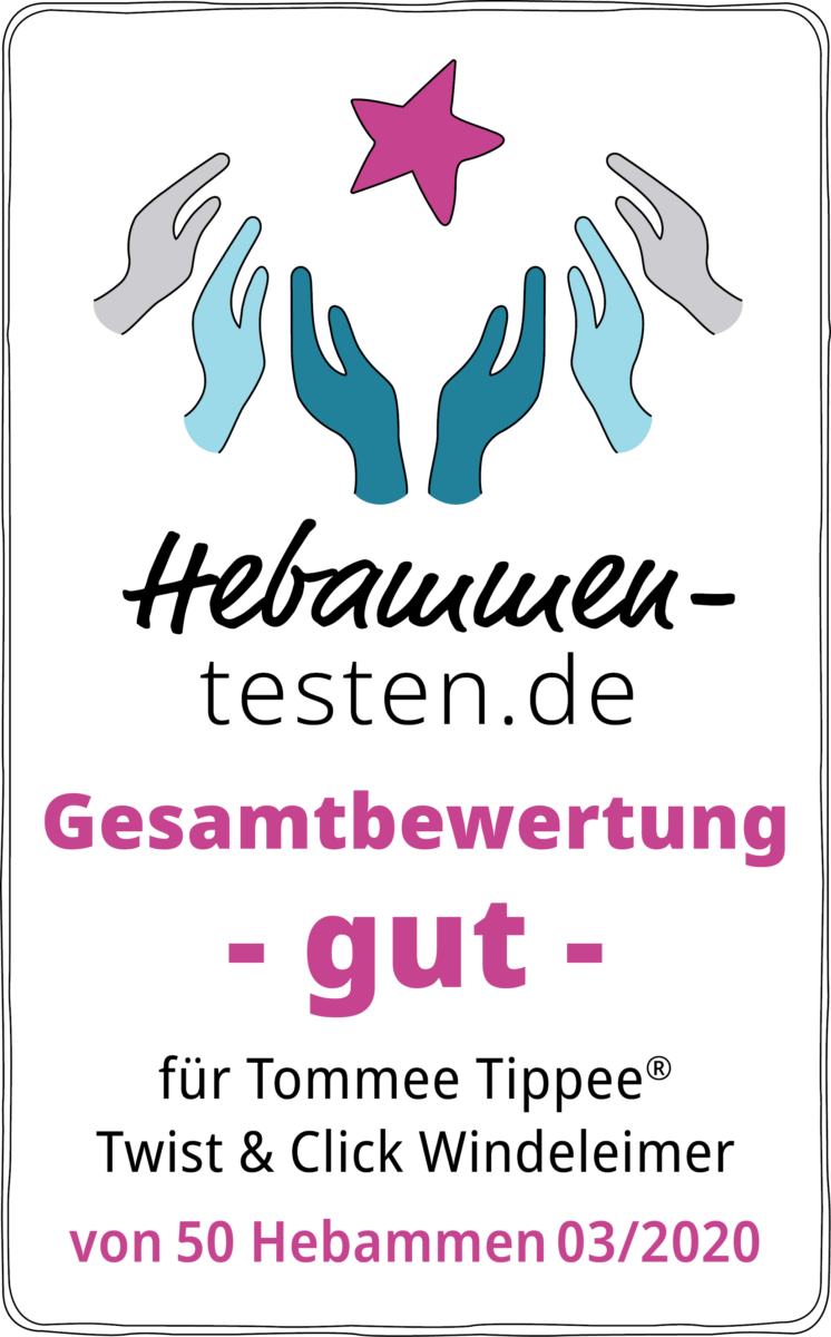 Hebammen-testen.de Siegel für Tommee Tippee Twist & Click Windeleimer Gesamtbewertung gut von 50 Hebammen im März 2020 getestet.
