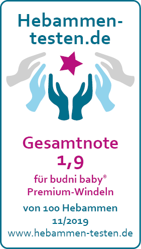 Hebammen-testen.de Siegel für budni baby Premium-Windeln Gesamtnote 1,9 von 100 Hebammen im November 2019 getestet.