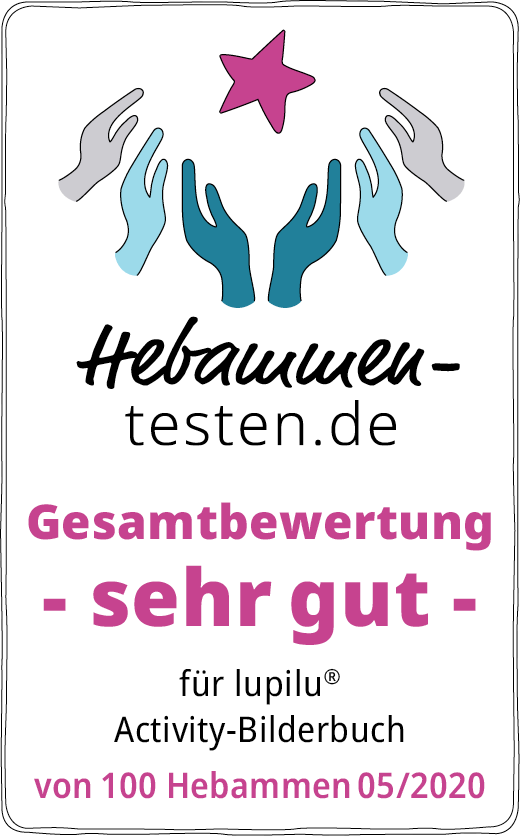 Hebammen-testen.de Siegel für lupilu Activity Bilderbuch Gesamtbewertung sehr gut von 100 Hebammen im Mai 2020 getestet.