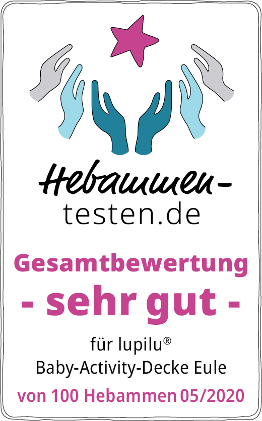 Hebamme-testen.de Siegel für lupilu Baby-Activity-Decke Eule Gesamtbewertung sehr gut von 100 Hebammen im Mai 2020 getestet.