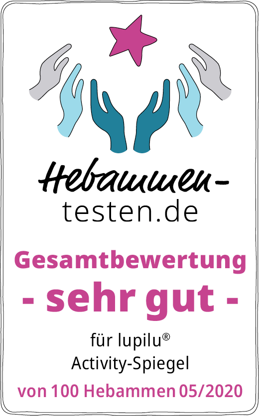 Hebammen-testen.de Siegel für lupilu Activity Spiegel Gesamtbewertung sehr gut von 100 Hebammen im Mai 2020 getestet.