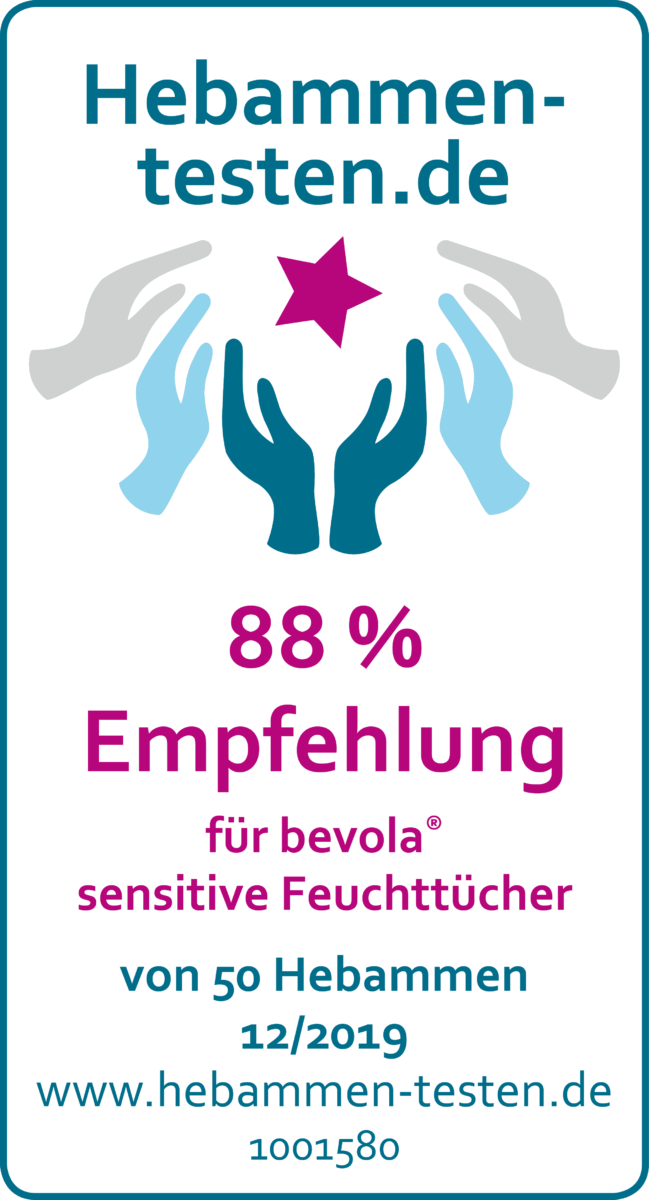 Hebammen-testen.de Siegel für bevola sensitive Feuchttücher 88 % Empfehlung von 50 Hebammen im Dezember 2019 getestet.