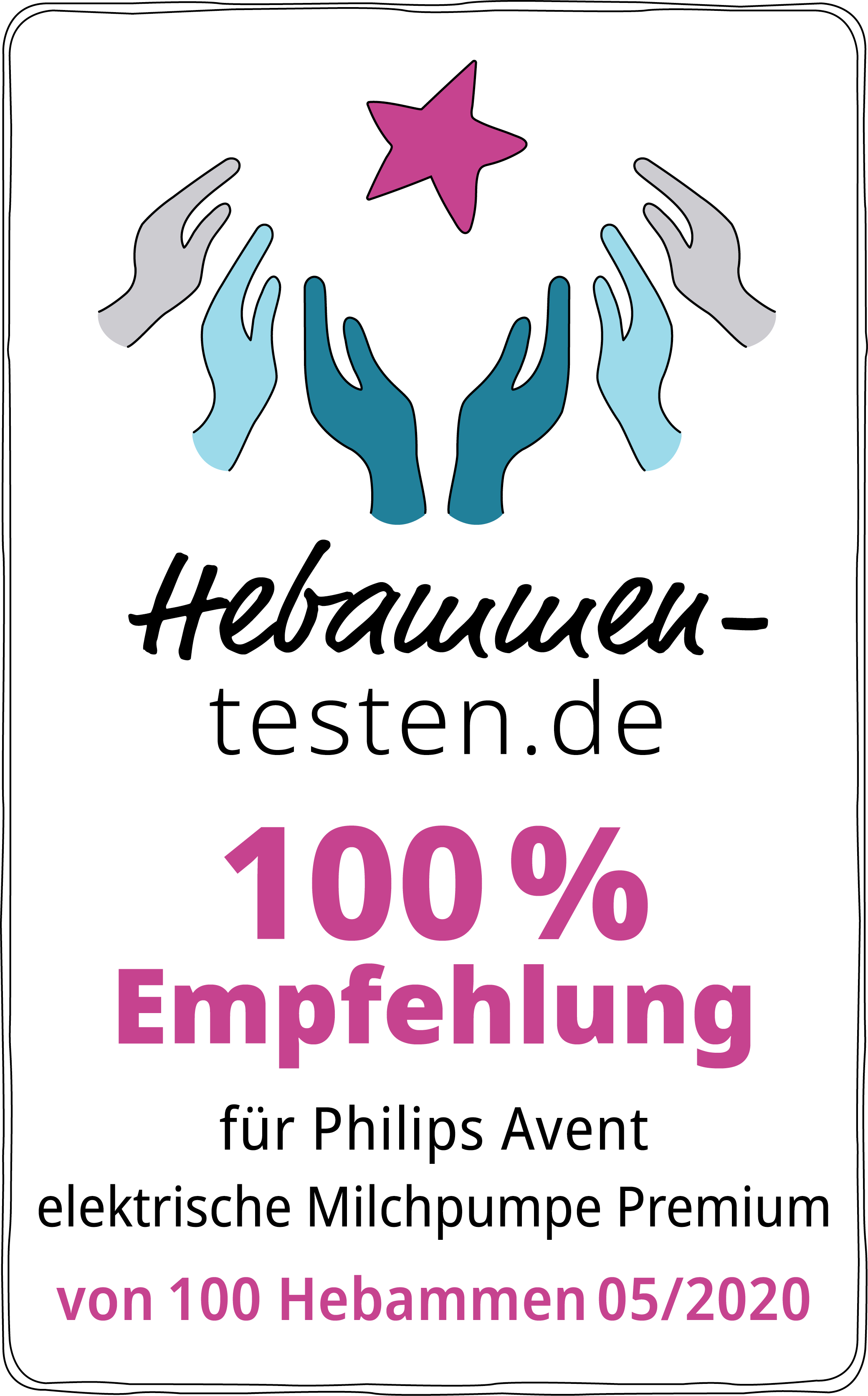 Hebammen-testen.de Siegel für Philips Avent elektrische Milchpumpe Premium 100 % Empfehlung von 100 Hebammen im Mai 2020 getestet.