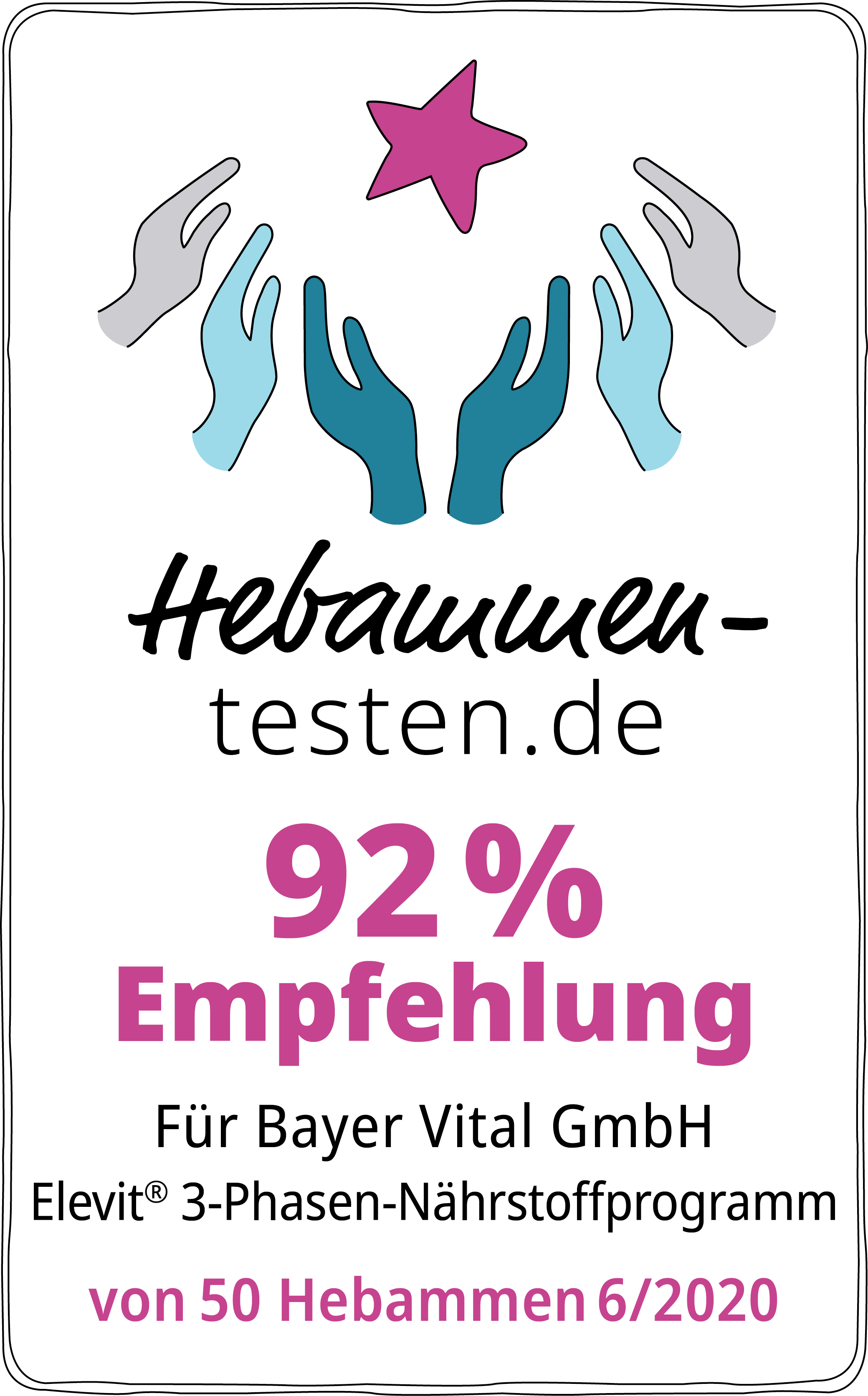 Hebammen-testen.de Siegel für Bayer Vital GmbH Elevit 3-Phasen-Nährstoffprogramm 92 % Empfehlung von 50 Hebammen im Juni 2020 getestet.