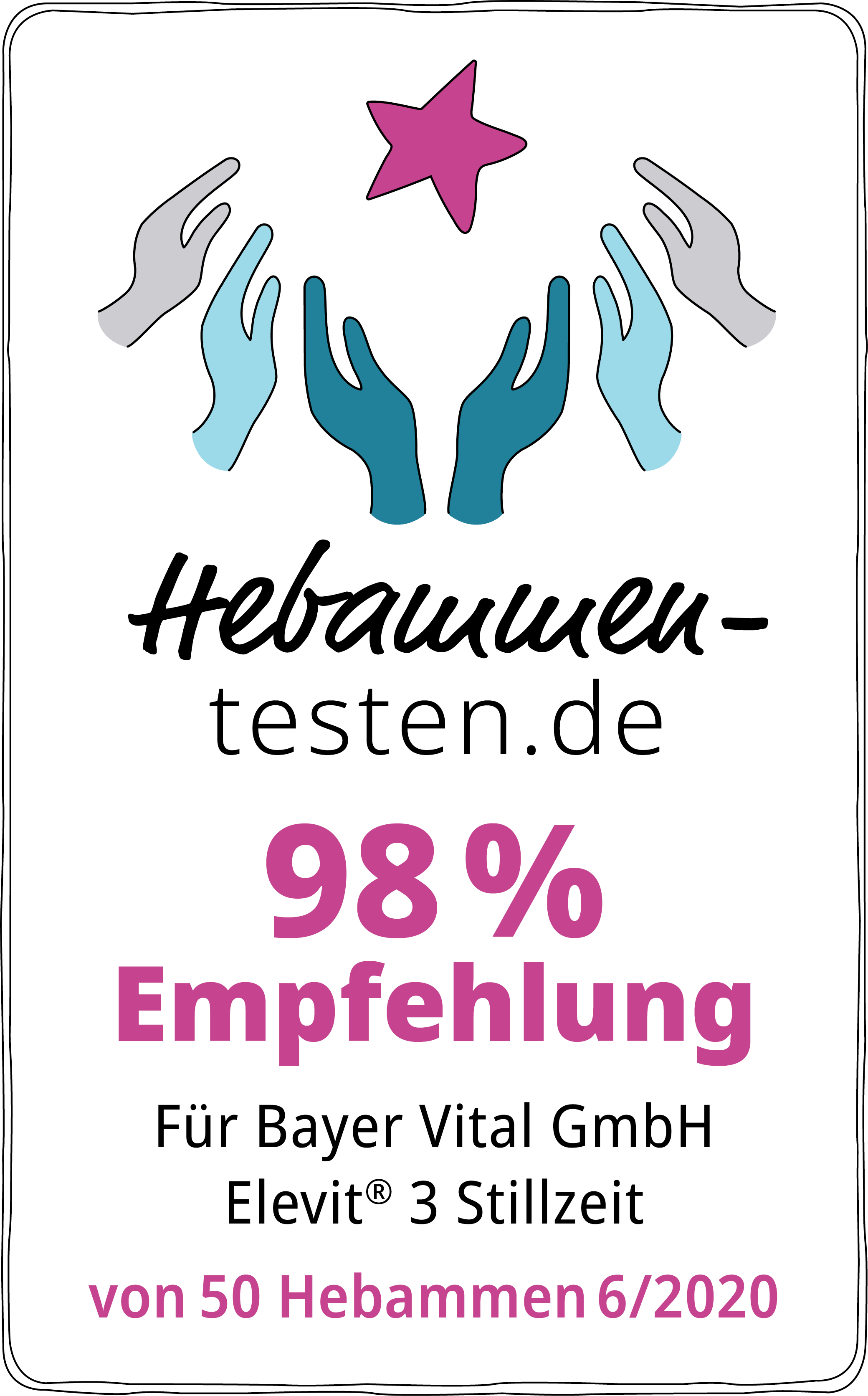 Hebammen-testen.de Siegel für Bayer Vital GmbH Elevit 3 Stillzeit 98 % Empfehlung von 50 Hebammen im Juni 2020 getestet.