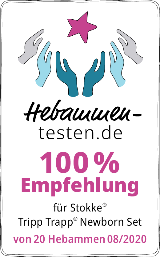 Hebammen-testen.de Siegel für Stokke Tripp Trapp Newborn Set 100 % Empfehlung von 20 Hebammen im August 2020 getestet.