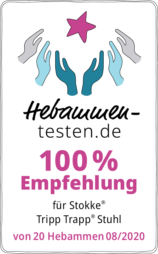 Hebammen-testen.de Siegel für Stokke Tripp Trapp Stuhl 100 % Empfehlung von 20 Hebammen im August 2020 getestet.