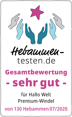 Hebammen-testen.de Siegel für Hallo Welt Premium-Windel Gesamtbewertung sehr gut von 130 Hebammen im Juli 2020 getestet.