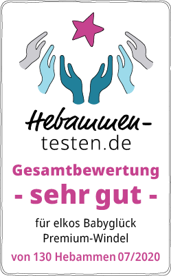 Hebammen-testen.de Siegel für elkos Babyglück Premium-Windeln Gesamtbewertung sehr gut von 130 Hebammen im Juli 2020 getestet.
