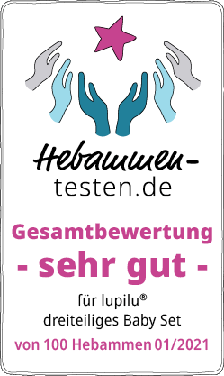 Hebammen-testen.de Siegel für lupilu dreiteiliges Baby Set Gesamtbewertung sehr gut von 100 Hebammen im Januar 2021 getestet.