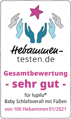 Hebammen-testen.de Siegel für lupilu Schlafoverall mit Füßen Gesamtbewertung sehr gut von 100 Hebammen im Januar 2021 getestet.