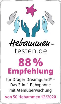 Hebammen-testen.de Siegel für Dräger Dreamguard Das 3-in-1 Babyphone mit Atemüberwachung 88 % Empfehlung von 50 Hebammen im Dezember 2020 getestet.