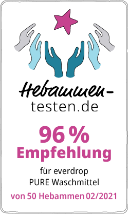 Hebammen-testen.de Siegel für everdrop PURE Waschmittel 96 % Empfehlung von 50 Hebammen im Februar 2021 getestet.