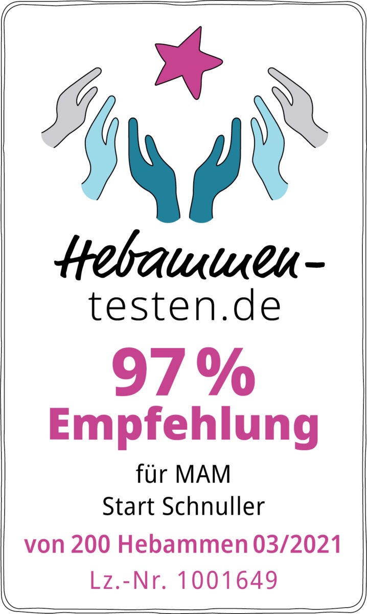 Hebammen-testen.de Siegel für MAM Start Schnuller 97 % Empfehlung von 200 Hebammen im März 2021 getestet.