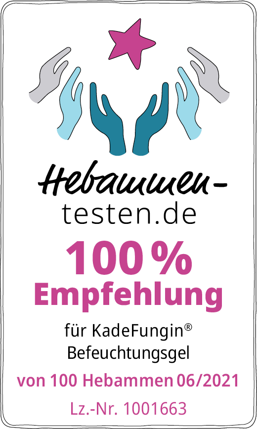 Hebammen-testen.de Siegel für KadeFungin Befeuchtungsgel 100 % Empfehlung von 50 Hebammen im Juni 2021 getestet.