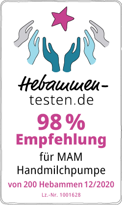 Hebammen-testen.de Siegel für Mam Handmilchpumpe 98 % Empfehlung von 200 Hebammen im Dezember 2020 getestet.