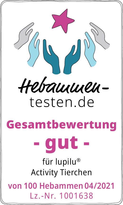 Hebammen-testen.de Siegel für lupilu® Activity Tierchen Gesamtbewertung gut von 100 Hebammen im April 2021 getestet.