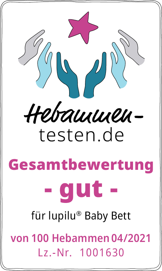 Hebammen-testen.de Siegel lupilu® Baby Bett Gesamtbewertung gut von 100 Hebammen im April 2021 getestet.