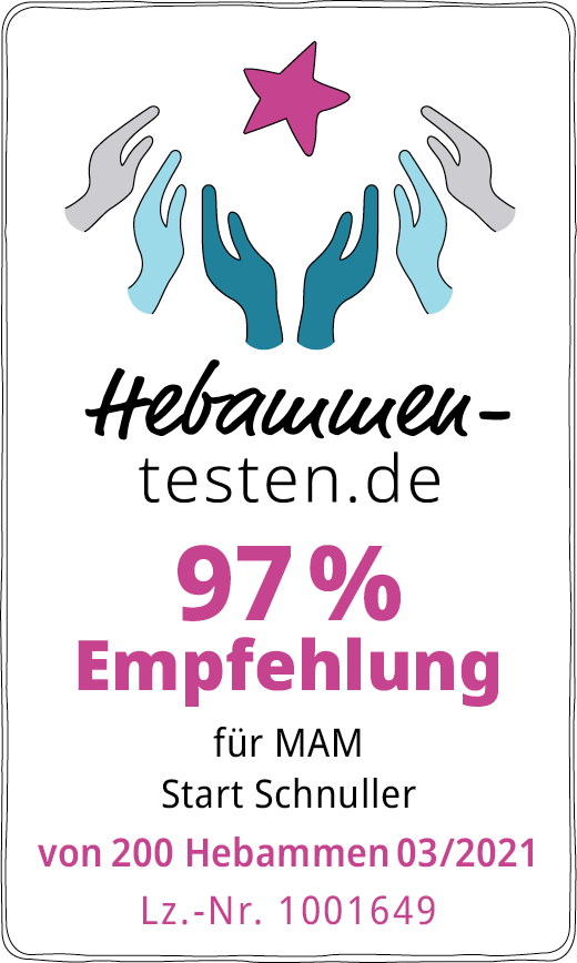 Hebammen-testen.de Siegel für MAM Start Schnuller 97 % Empfehlung von 200 Hebammen im März 2021 getestet. NEU