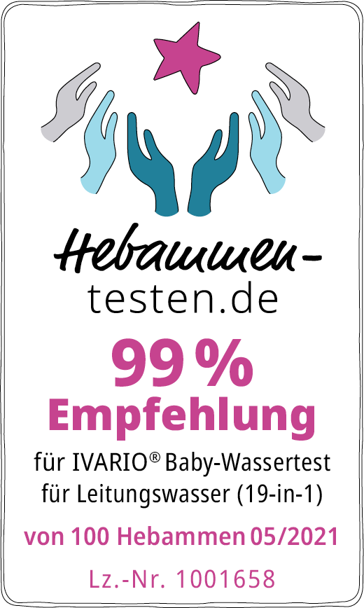 Hebammen-testen.de Siegel für Ivario Baby-Wassertest für Leitungswasser (19-in-1) 99 % Empfehlung von 100 Hebammen im Mai 2021 getestet.