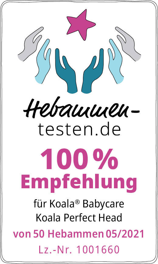 Hebammen-testen.de Siegel für Koala Babycare Koala Perfect Head 100 % Empfehlung von 50 Hebammen im Mai 2021 getestet.