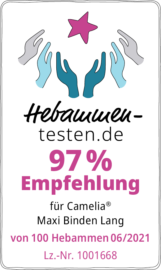 Hebammen-testen.de Siegel für Camelia® Maxi Binden Lang 97 % Empfehlung von 100 Hebammen im Juni 2021 getestet.