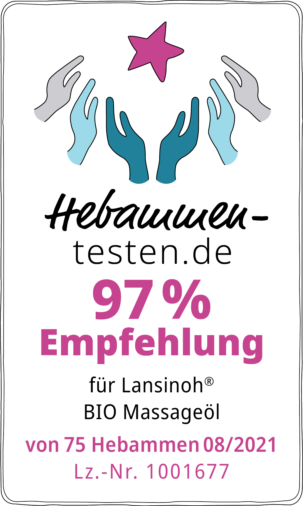 Hebammen-testen.de Siegel für Lansinoh Bio Massageöl 97 % Empfehlung von 75 Hebammen im August 2021 getestet.