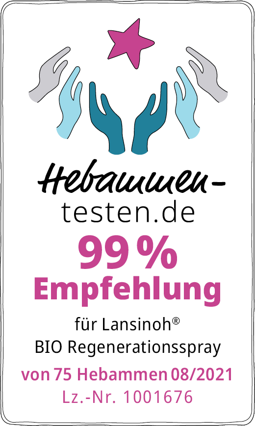 Hebammen-testen.de Siegel für Lansinoh Bio Regenerationsspray 99 % Empfehlung von 75 Hebammen im August 2021 getestet.