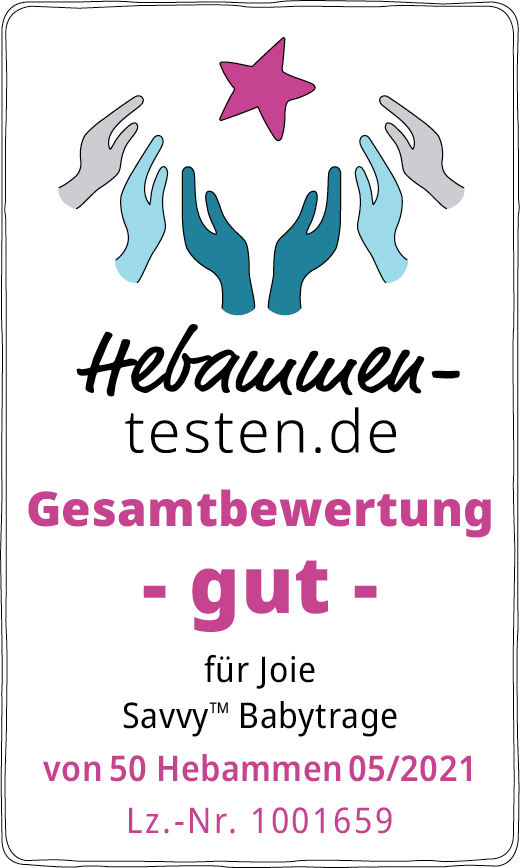 Hebammen-testen.de Siegel für Joie Savvy Babytrage Gesamtbewertung gut von 50 Hebammen im Mai 2021 getestet.