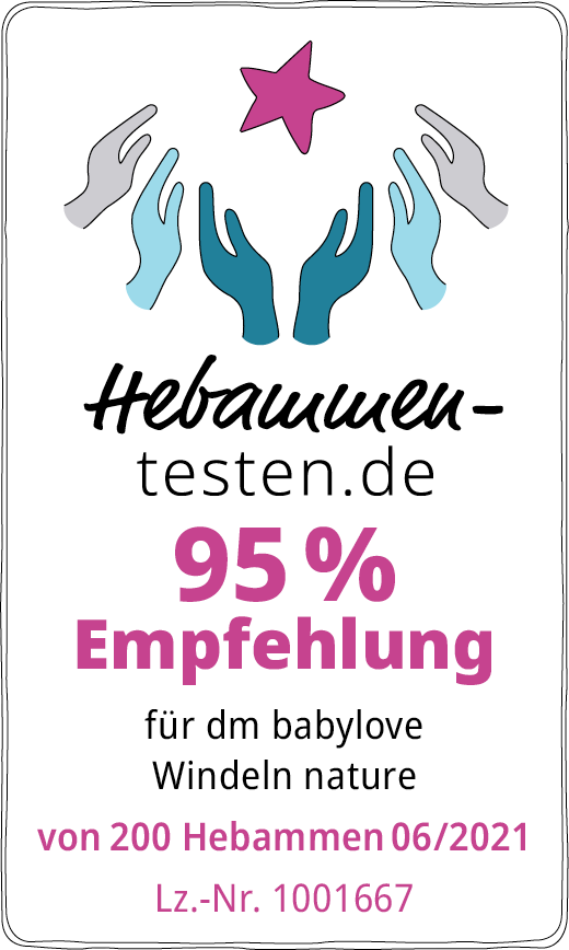 Hebammen-testen.de Siegel für dm babylove Windeln nature 95 % Empfehlung von 200 Hebammen im Juni 2021 getestet.