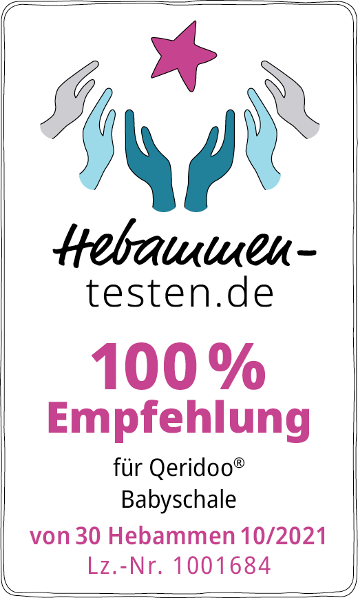 Hebammen-testen.de Siegel für Qeridoo Babyschale 100 % Empfehlung von 30 Hebammen im Oktober 2021 getestet.