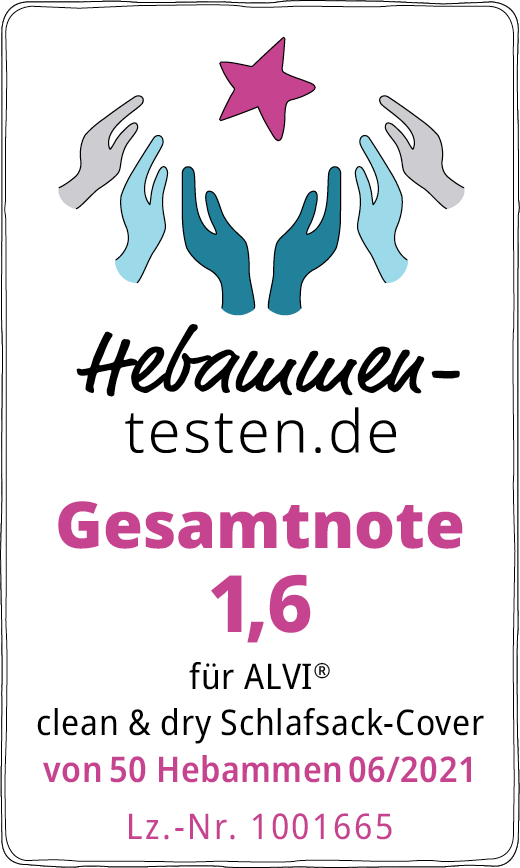 Hebammen-testen.de Siegel für ALVI clean & dry Schlafsack-Cover Gesamtnote 1,6 von 50 Hebammen im Juni 2021 getestet.