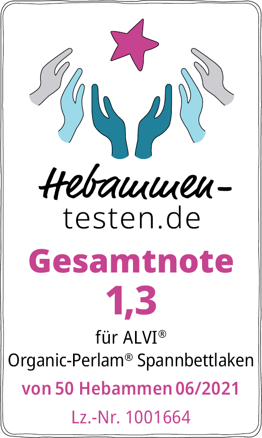 Hebammen-testen.de Siegel für ALVI Organic-Perlam Spannbettlaken Gesamtnote 1,3 von 50 Hebammen im Juni 2021 getestet.