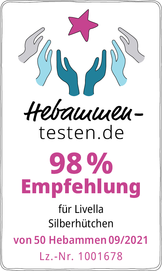Hebammen-testen.de Siegel für Livella Silberhütchen 98 % Empfehlung von 50 Hebammen im September 2021 getestet.