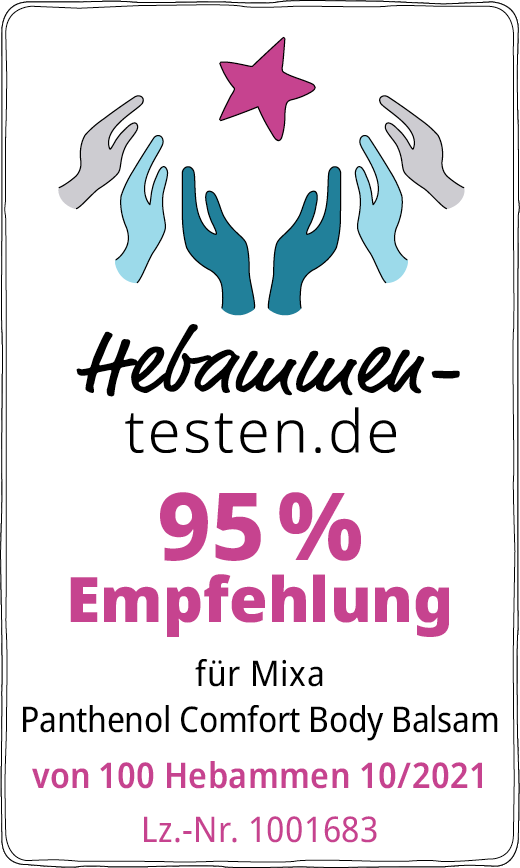 Hebammen-testen.de Siegel für Mixa Panthenol Comfort Body Balsam 95 % Empfehlung von 100 Hebammen im Oktober 2021 getestet.