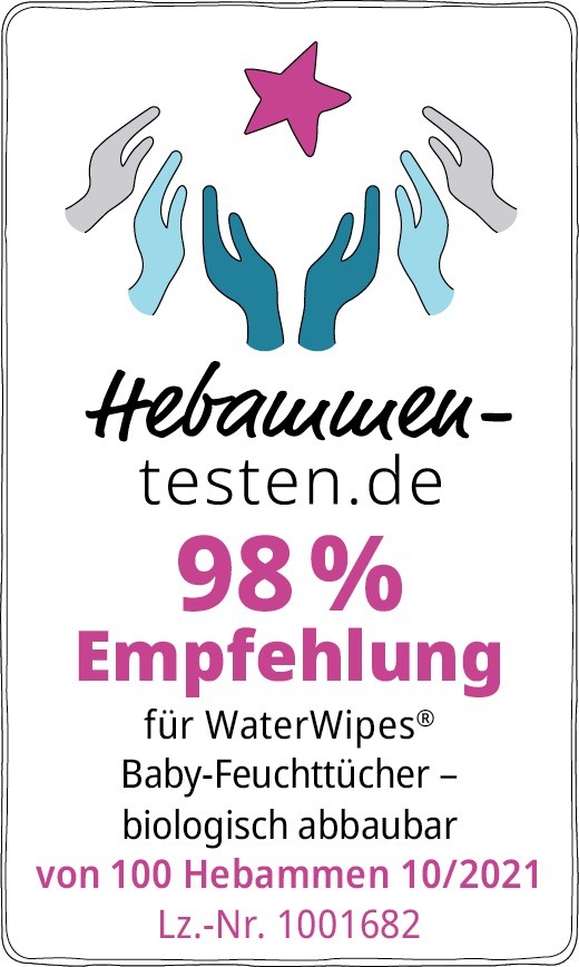 Hebammen-testen.de Siegel für WaterWipes Baby-Feuchttücher biologisch abbaubar 98 % Empfehlung von 100 Hebammen im Oktober 2021 getestet.