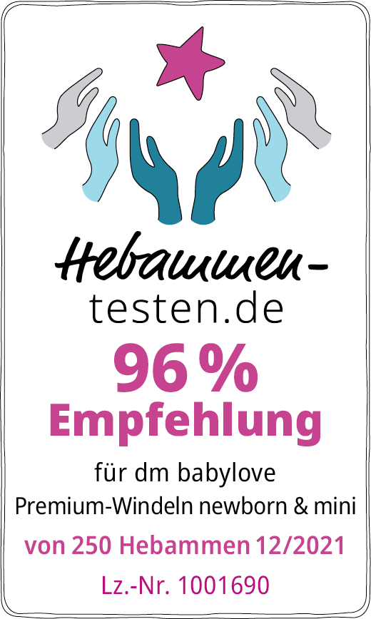 Hebammen-testen.de Siegel für dm babylove Premium-Windeln newborn & mini 96 % Empfehlung von 250 Hebammen im Dezember 2021 getestet.
